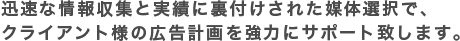 迅速な情報収集と実績に裏付けされた媒体選択で、クライアント様の広告計画を強力にサポート致します。
    